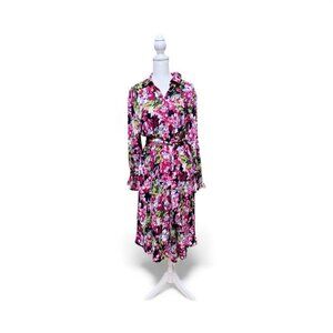 Chico’s Floral Belted Midi Dress Long Sleeve Smocked Cuffs Size 1 (8)